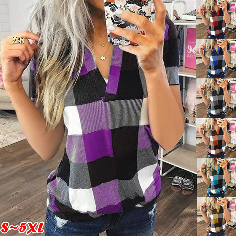 Women's Plaid Printed V-Neck Short-Sleeved Beach Shirt – blend casual comfort with classic style.