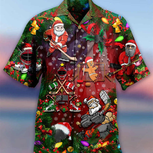 Santa Goes Digital: Men's Digital Print Santa Hawaiian Shirt. Celebrate Christmas in style with a festive Hawaiian shirt featuring a vibrant, digitally printed Santa Claus design. 