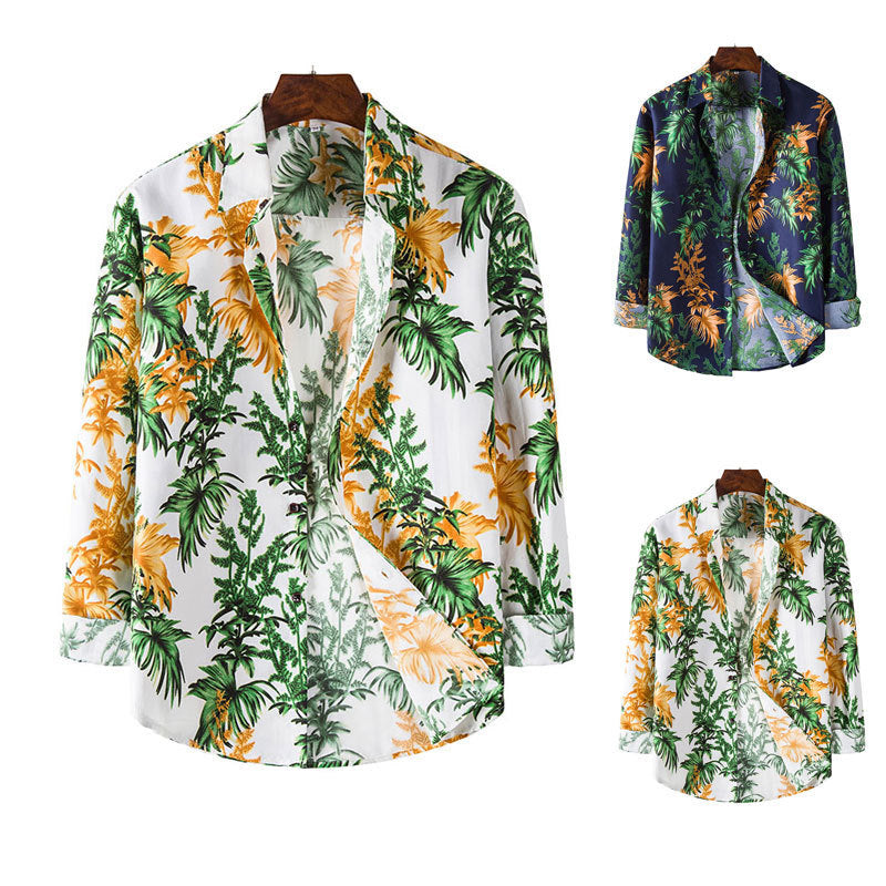 Men's plus-size long-sleeve Hawaiian shirt with a bold floral print. Made from breathable fabric for all-day comfort.