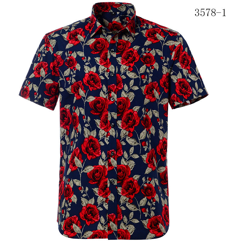 Men's short sleeve Hawaiian beach shirt with rose printed floral design