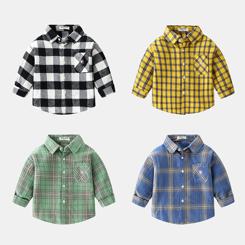 Boys' new long-sleeve plaid shirt featuring a car print and collared lapel.