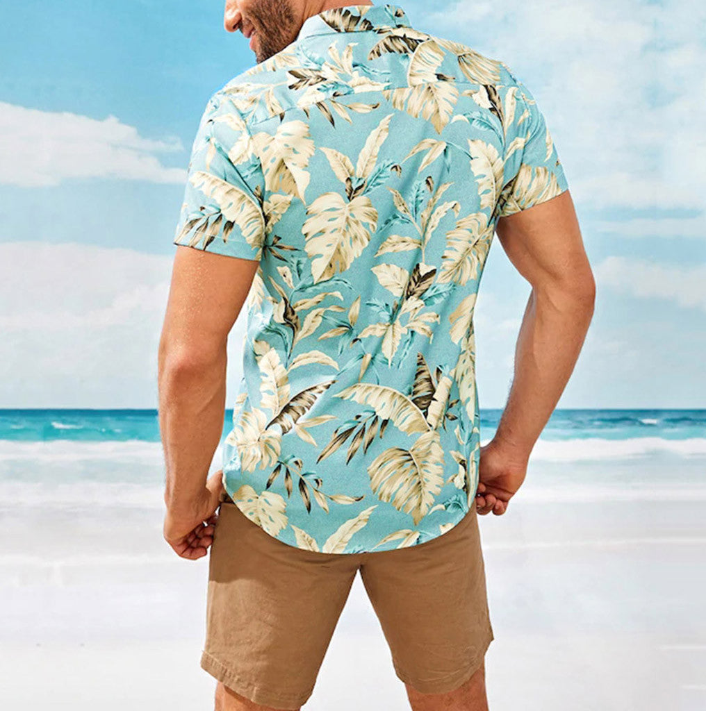Men's Short Sleeve Tropical Leaf Printed Blue Hawaiian Shirt