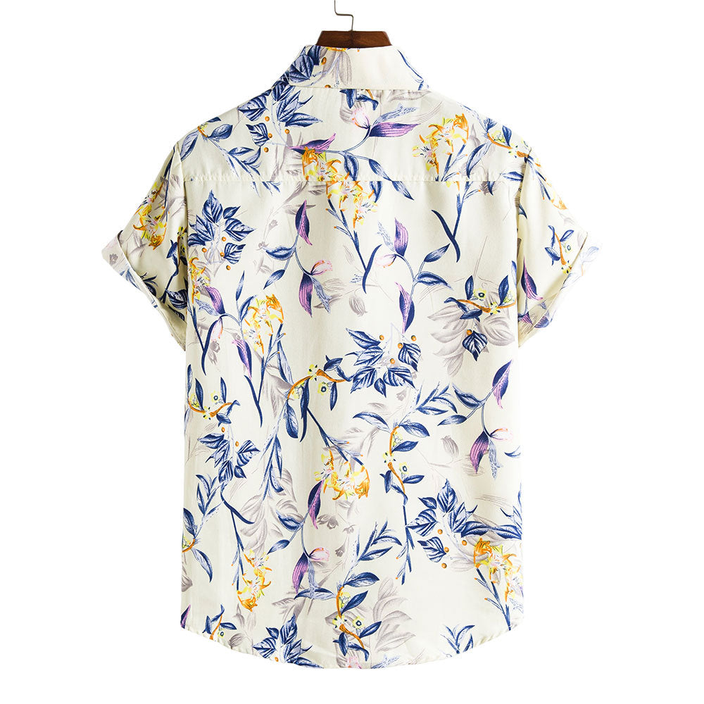 white and yellow pattern men's casual holiday floral shirt with short sleeves, Hawaiian style