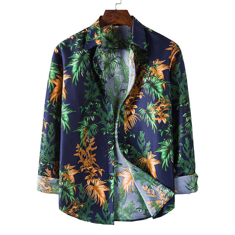 Men's plus-size long-sleeve Hawaiian shirt in a vibrant floral print. Perfect for adding a touch of island style to any outfit.