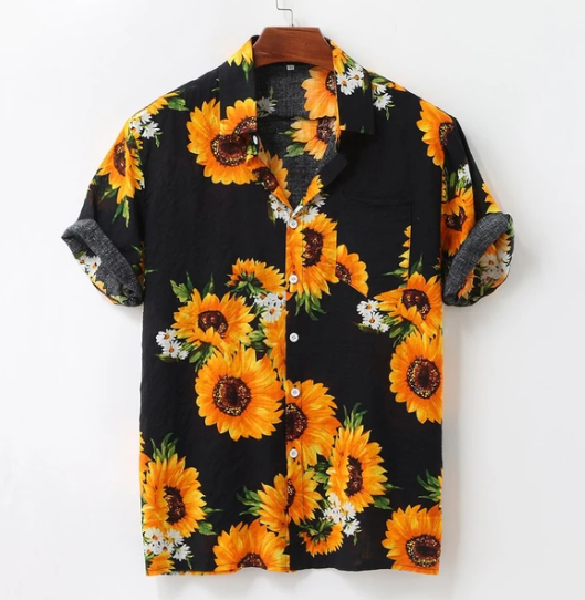 Men's casual sunflower print shirt with floral sunflower lapel collar