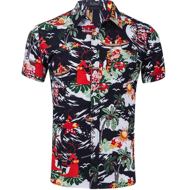 Island Christmas Cheer: Men's Christmas Hawaiian Shirt. Celebrate the holidays in style with a festive Hawaiian shirt featuring tropical prints and Christmas motifs