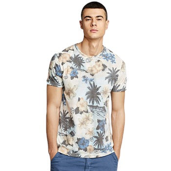 Men's  Floral design Short Sleeve Beach T-Shirt -Round Neck