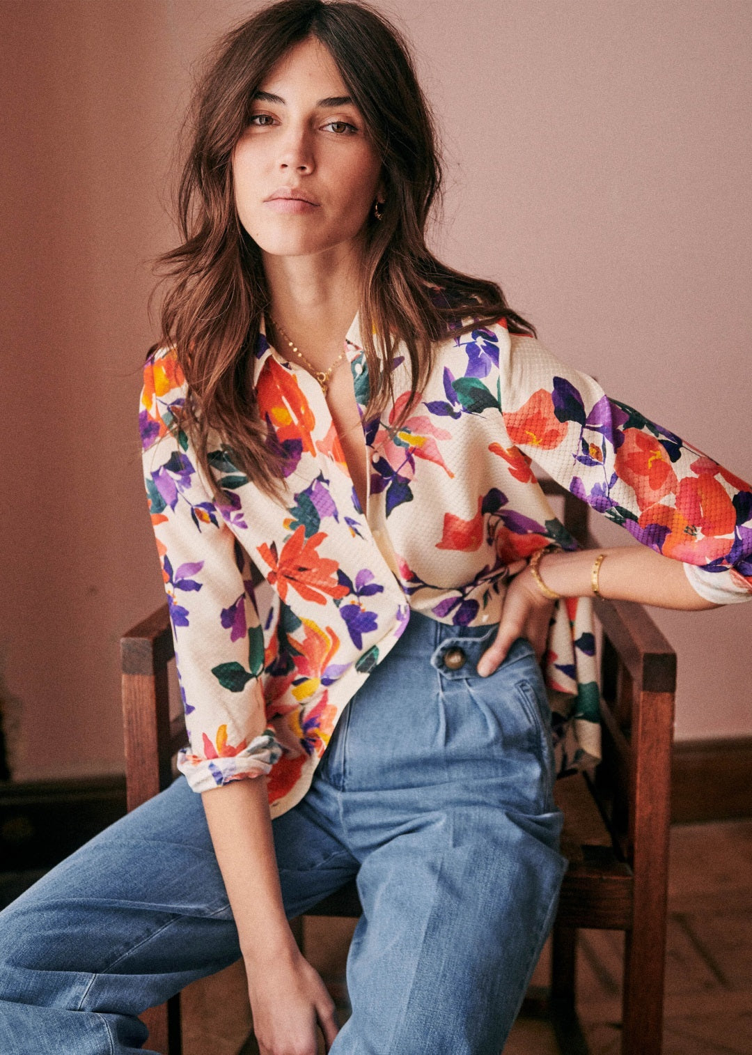 Floral flair for cooler weather: long sleeve Hawaiian shirt with a blooming design.