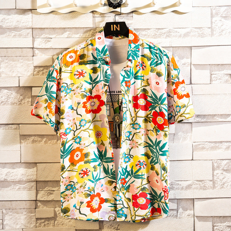 Casual shirt for men featuring vibrant floral pattern and short sleeves