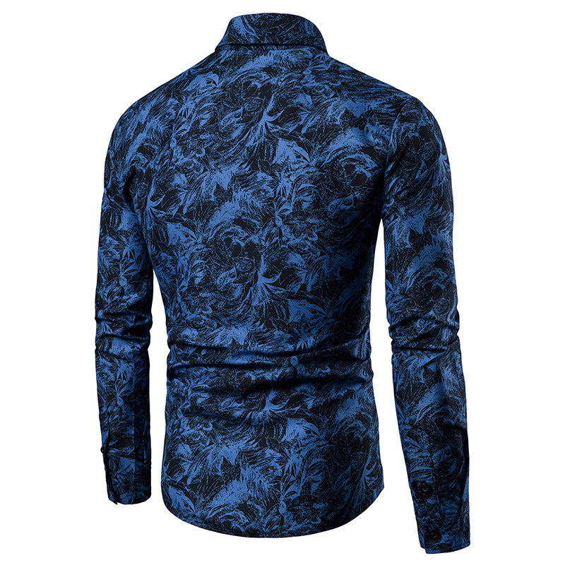Earthy Elegance: Men's Long-Sleeve Leaf Print Shirt. A touch of nature on this long-sleeve shirt adds a unique and stylish element.