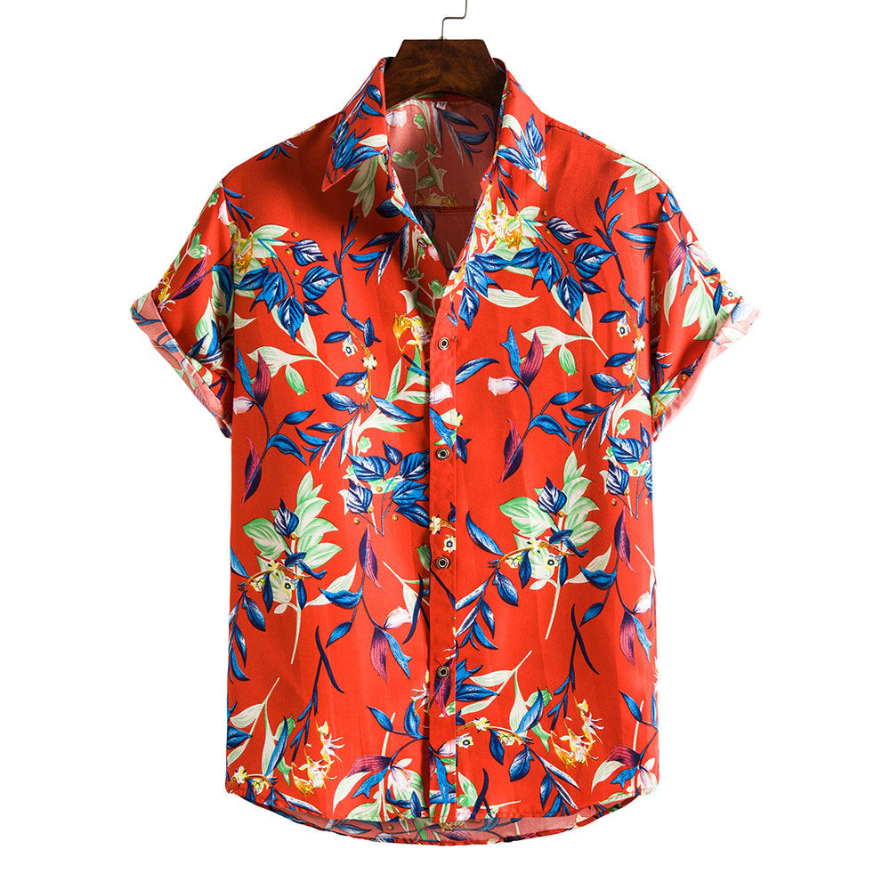 Red color short sleeve Hawaiian shirt for men featuring casual holiday floral pattern