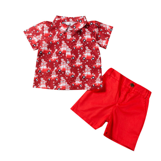 Two-piece Christmas outfit featuring a shirt with a festive deer design and coordinating shorts.