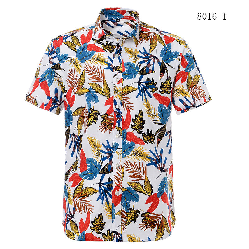 Men's beach shirt featuring tropical leaf print, short sleeve