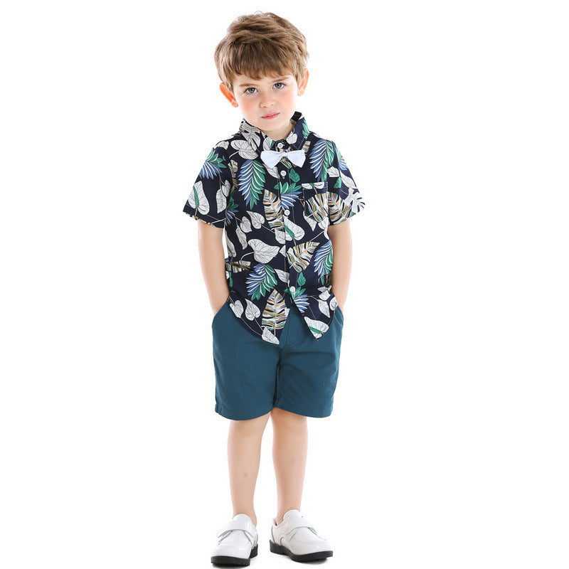 Boys' summer set featuring a printed shirt and comfy shorts (if the outfit is intended for summer