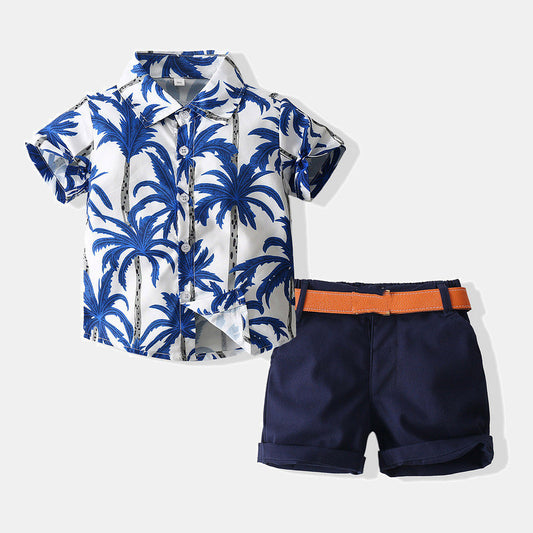 Boys' short-sleeve Hawaiian shirt and drawstring pants for a comfy beach outfit.