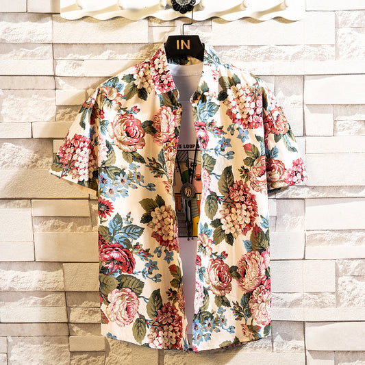 Men's casual shirt showcasing vibrant floral print and short sleeves