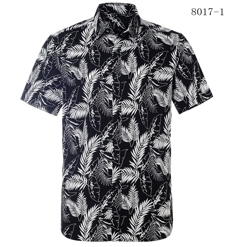 Black and white tropical Leaf printed short sleeve beach shirt