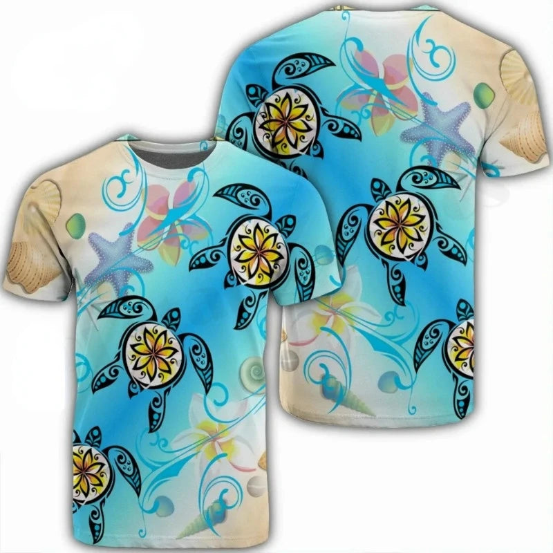 Hawaiian Casual Tattoo Turtle Designed Short Sleeve Summer T-shirt