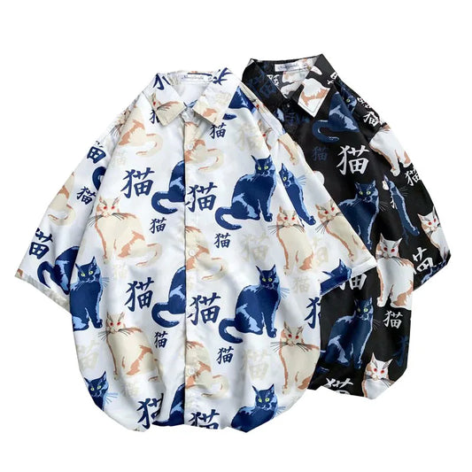 Hawaiian Style Short Sleeve Summer Casual Cute Cat Face Beach Shirt