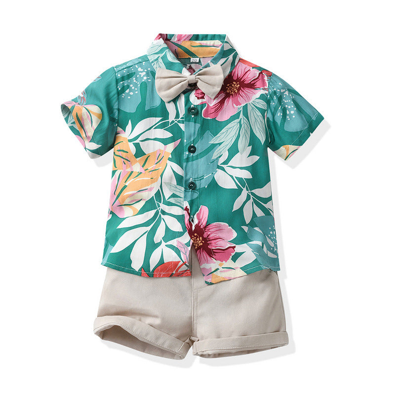 Boy's Tropical Leaf Printed Short Sleeve Hawaiian Shirt with shorts