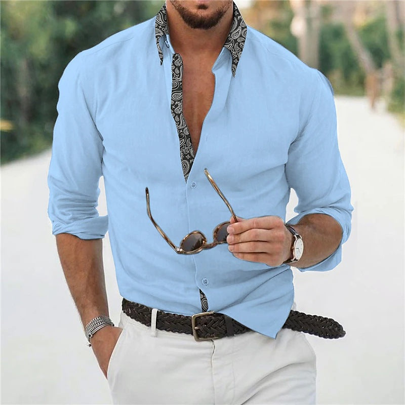 Men's Long Sleeve Colorblock Shirt: Stylish and Modern. Effortless style with a modern twist in this color-matched long-sleeve lapel shirt