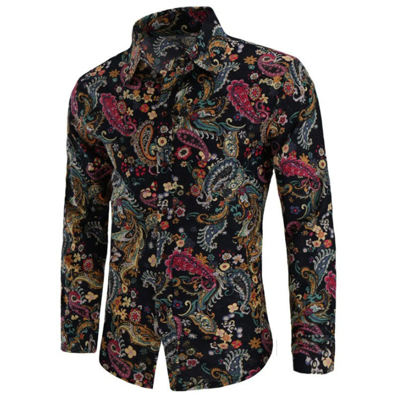 Elevate Your Look: Men's Long-Sleeve Paisley Shirt (Cotton Linen). Modern paisley print on a breathable cotton linen blend for a sophisticated touch.