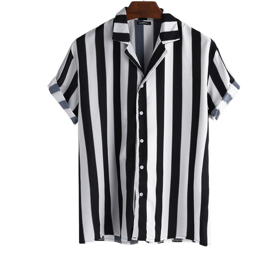 Men's casual white and black vertical striped shirt -short sleeve