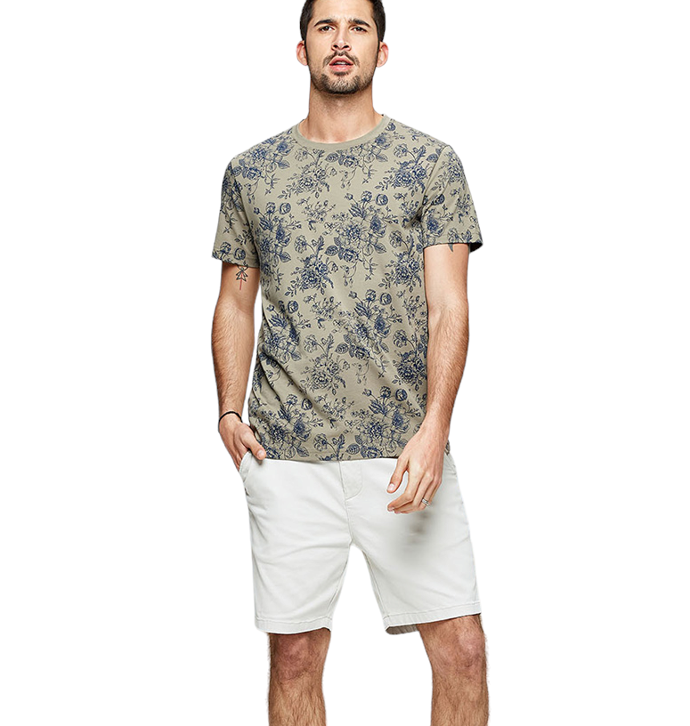 A young American model posing in our khaki-colored floral men's t-shirt