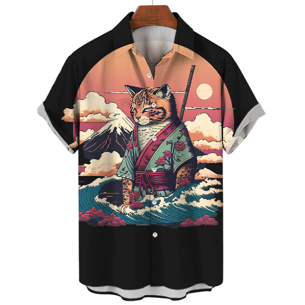 Unisex Hawaiian Japanese Style Bushido Japanese Cat Samurai Printed Hawaiian Shirt