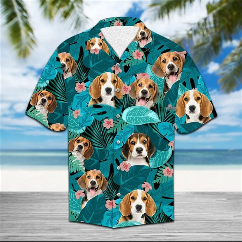 Dog Face and Coconut Leaf Pattern Beach style Hawaiian Shirt