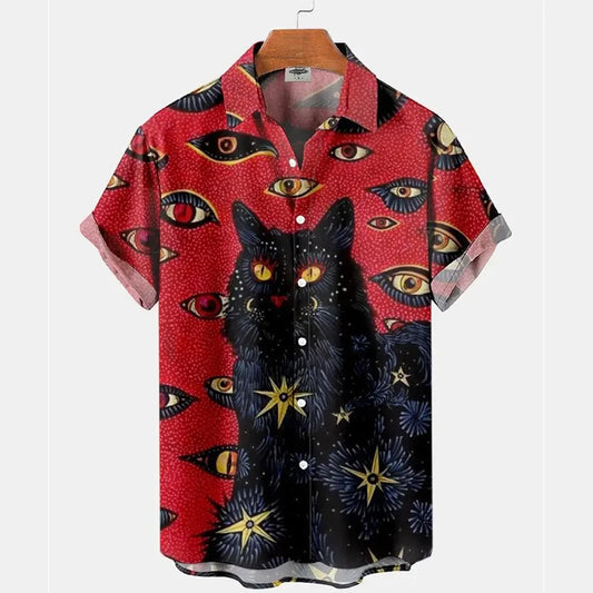 Black Cat and Yellow Eyes Printed Unisex Hawaiian Shirt