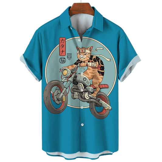 Vintage Japanese Cat with Motorbike Funny Hawaiian Beach Shirt