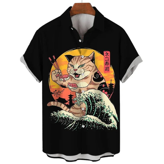 Vintage Japanese Style Cat Graphic Hawaiian Beach Shirt