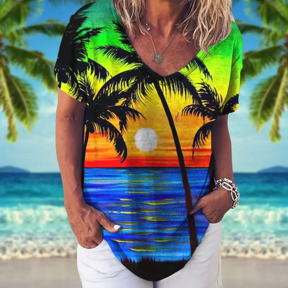Women's Palm & Coconut Trees Designed V-Neck Hawaiian T-shirt