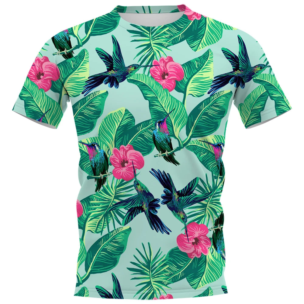 Hawaiian Tropical Leaf and Birds Printed Casual Beach T-shirt