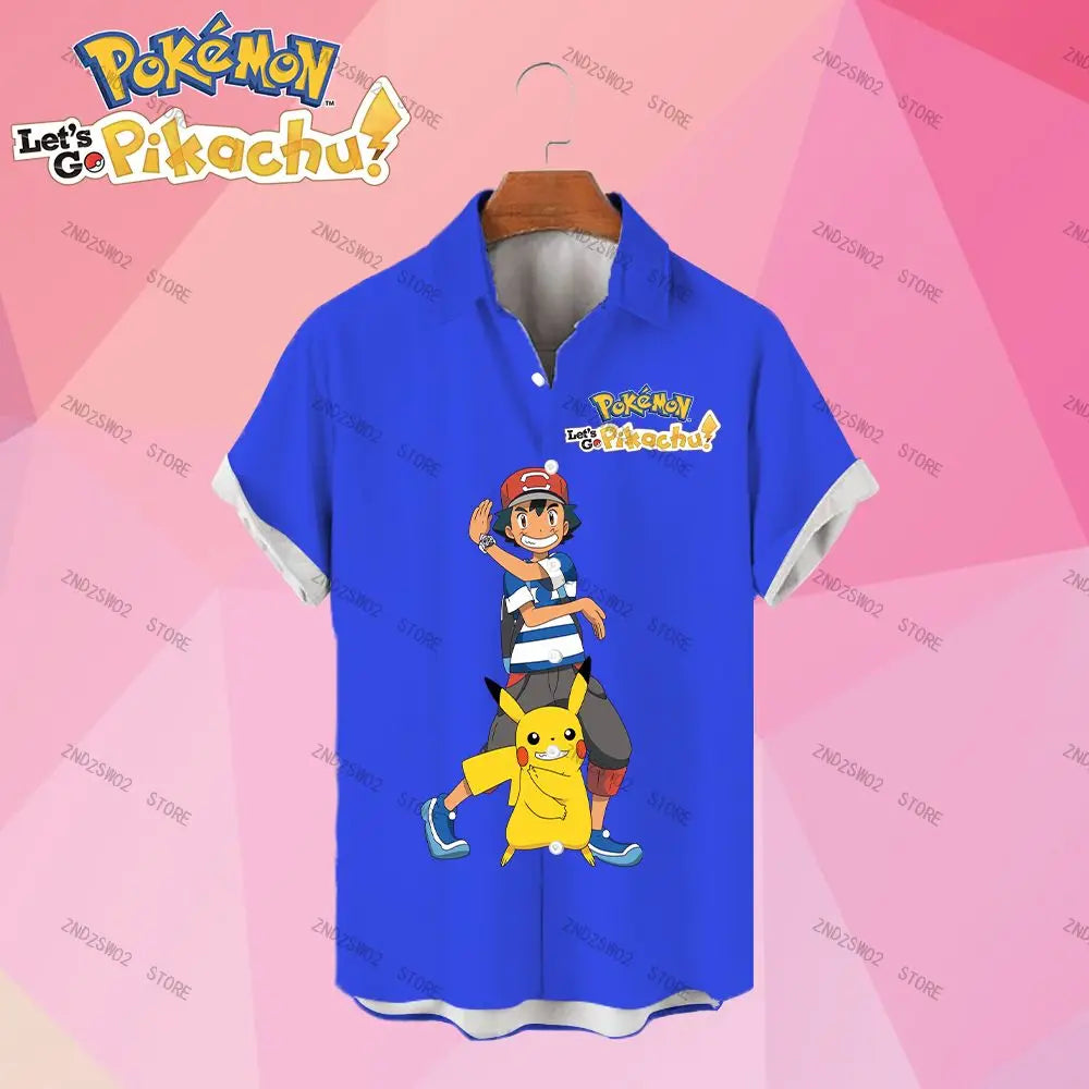 Pikachu with Ash Funny Solid Color Short Sleeve Hawaiian Shirt