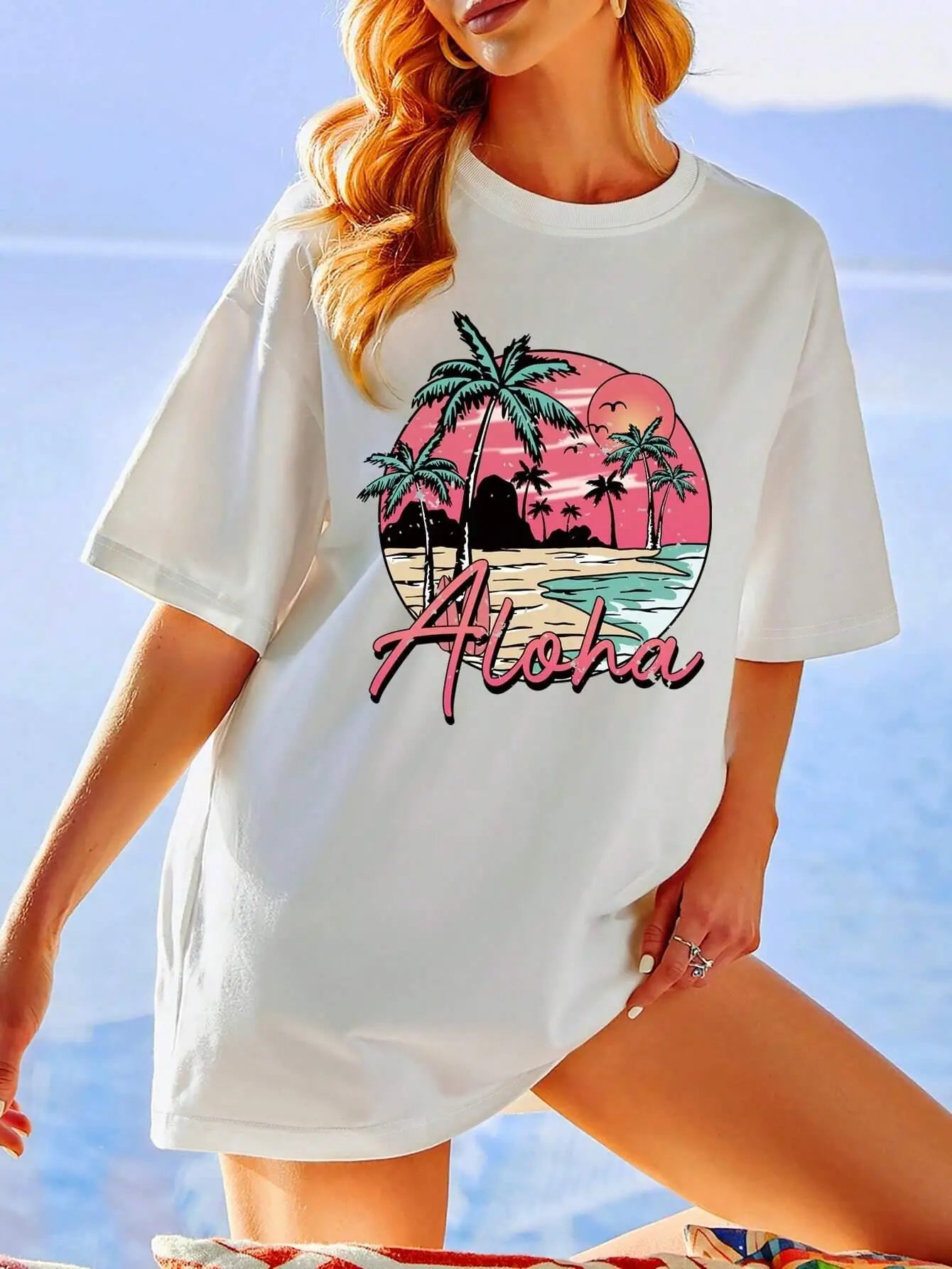 Women's Hawaii Beach Sunset Scenery Designed White Aloha T-shirt