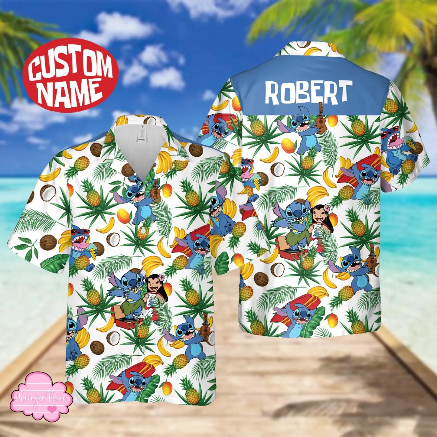 Lilo & Stitch Cartoon Printed Hawaiian Style Button Up Beach Shirt