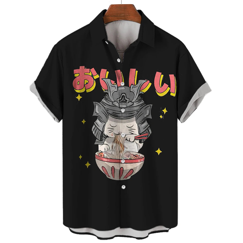 Unisex Hawaiian Japanese Style Bushido Japanese Cat Samurai Printed Hawaiian Shirt