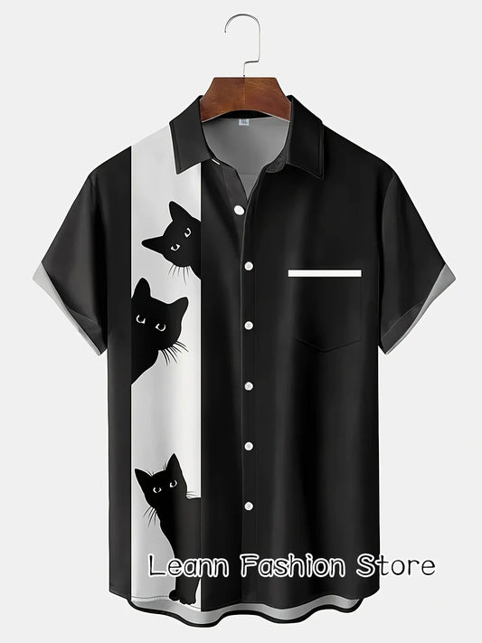 solid Color Summer Short sleeve Funny Cats Print Hawaiian Shirt