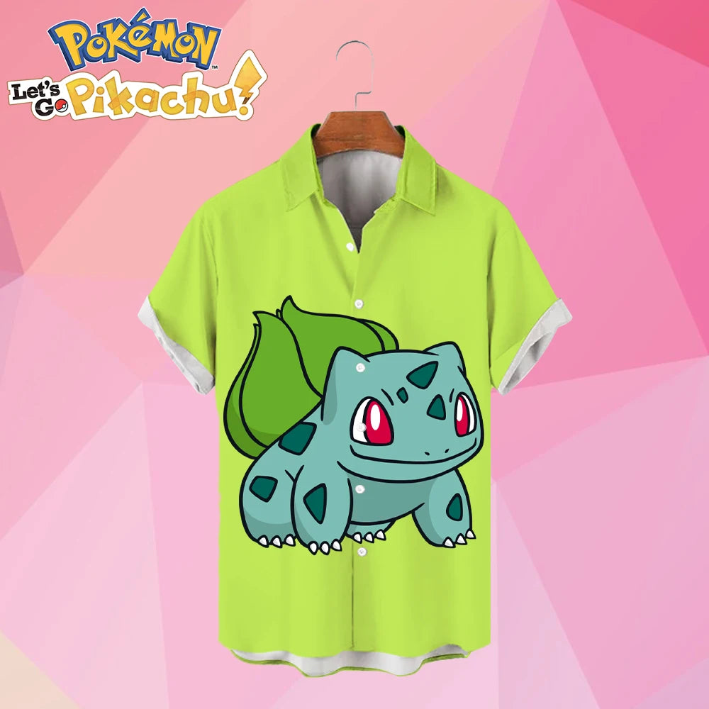 Bulbasaur, Pikachu, and Psyduck Printed Hawaiian Pokemon Shirt in Solid color