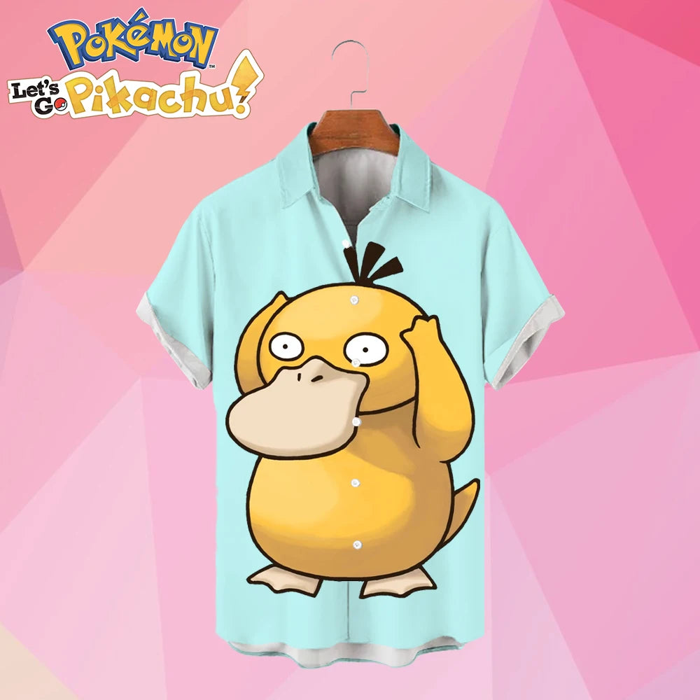Bulbasaur, Pikachu, and Psyduck Printed Hawaiian Pokemon Shirt in Solid color
