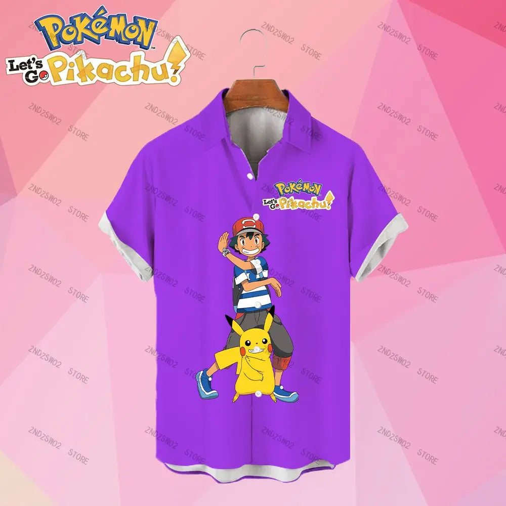 Pikachu with Ash Funny Solid Color Short Sleeve Hawaiian Shirt