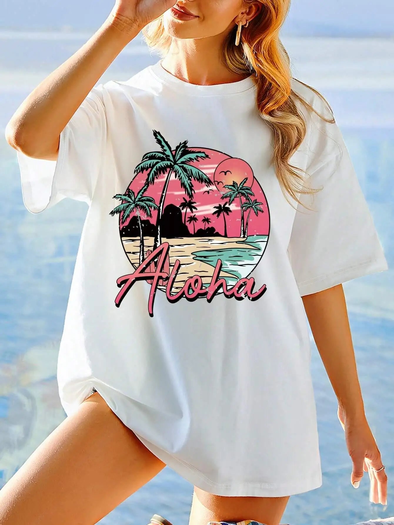 Women's Hawaii Beach Sunset Scenery Designed White Aloha T-shirt