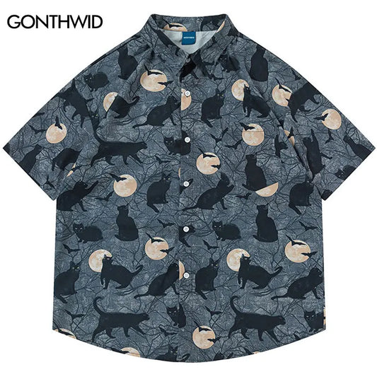 Harajuku Style Black Cat and Moon Graphic Printed Hawaiian Shirt