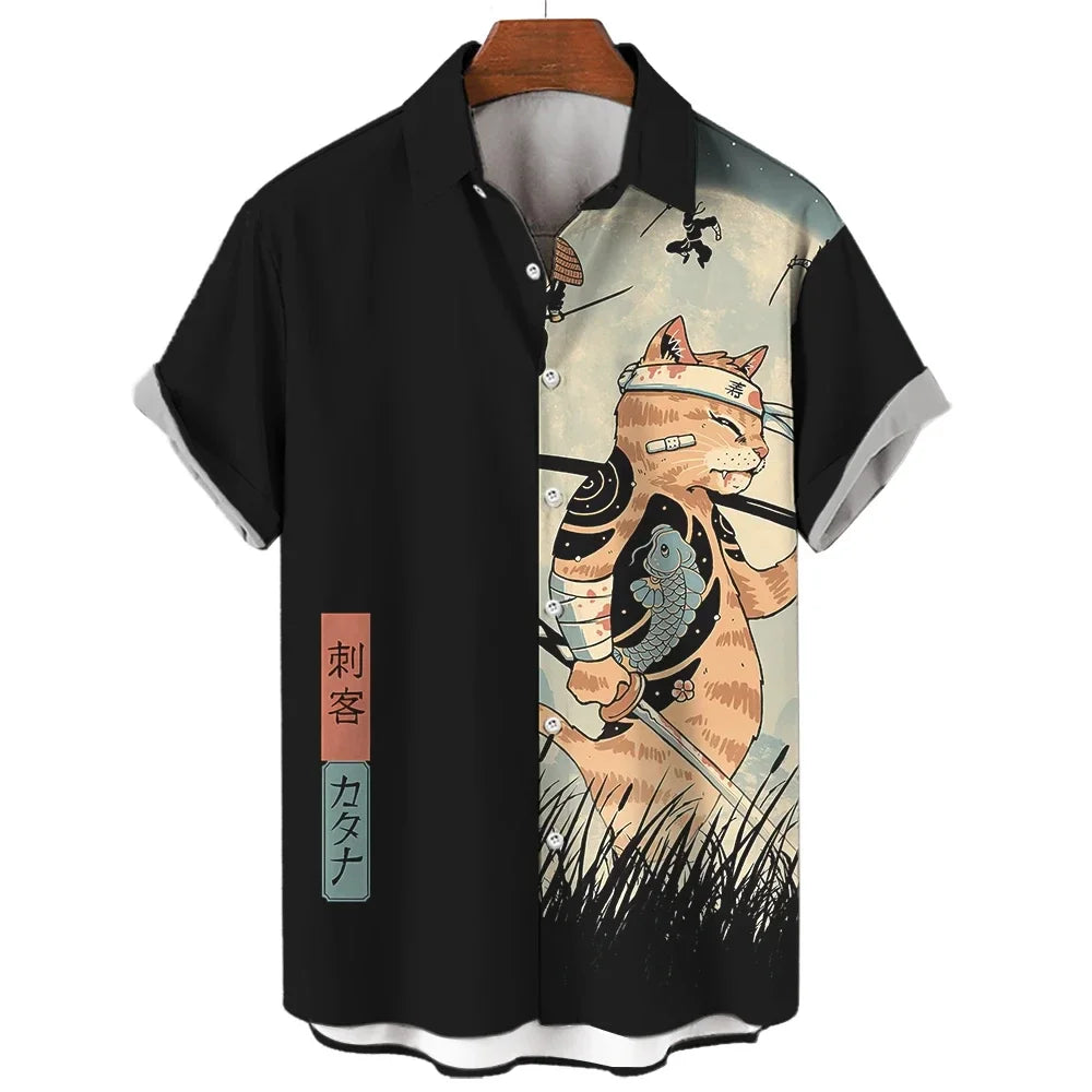 Cool Cat Samurai Printed Summer Style Short Sleeve Hawaiian shirt