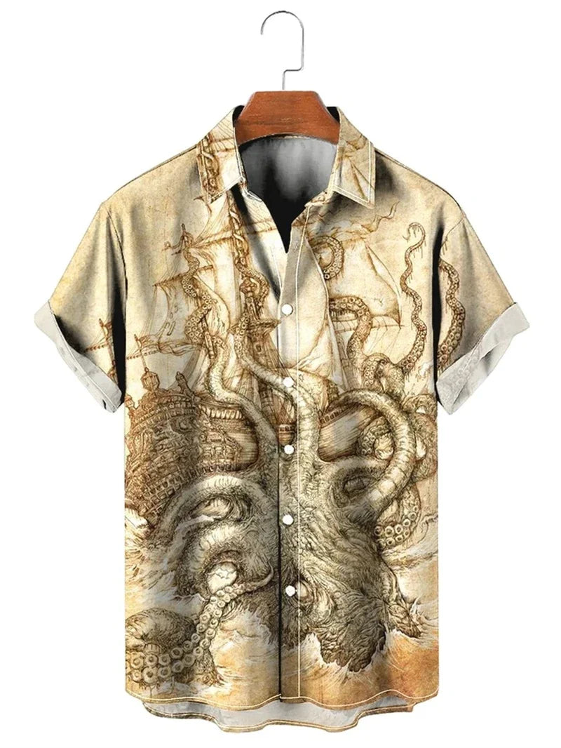 Vintage Giant Octopus Destroying Big Ship Printed Hawaiian Style Beach Shirt