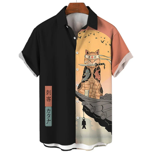 Cool Cat Samurai Printed Summer Style Short Sleeve Hawaiian shirt