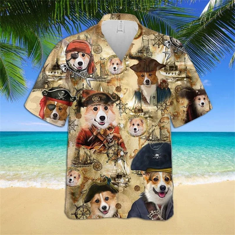 Dogs Face with Tropical Flower, Tree, and Leaf Printed Hawaiian Shirt