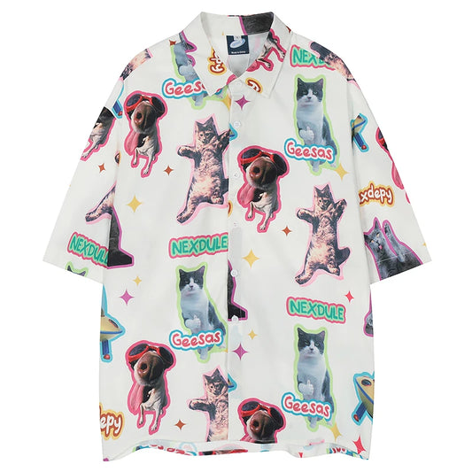 Dancing Cats or Dogs Printed Funny Hawaiian Beach Shirt